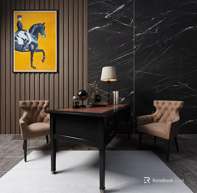 Elegant Black Desk With Beige Armchairs Table Lamp Globe And Yellow Equestrian Painting 3d model 
