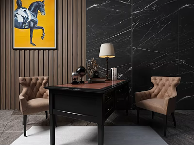Elegant Black Desk With Beige Armchairs Table Lamp Globe And Yellow Equestrian Painting 3d model
