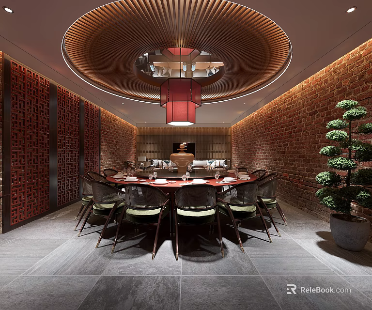 Chinese Private Dining Room Interior Design With Round Table Red Pendant Light And Brick Walls 3d model 