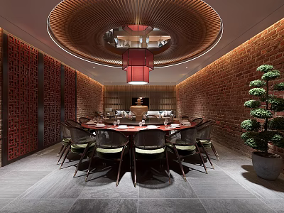 Chinese Private Dining Room Interior Design With Round Table Red Pendant Light And Brick Walls 3d model