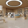 Book Art Library Interior With Wooden Ceiling Circular Light Bookshelves Display Stands And Books