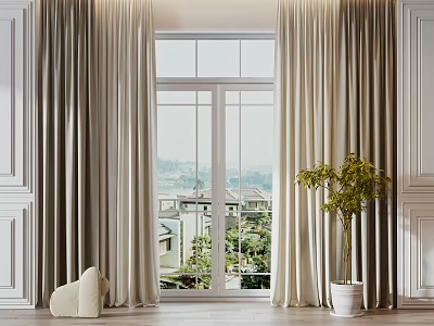 Elegant Modern Curtains In Living Room Interior With Large Window Scenic View And Potted Plant 3d model