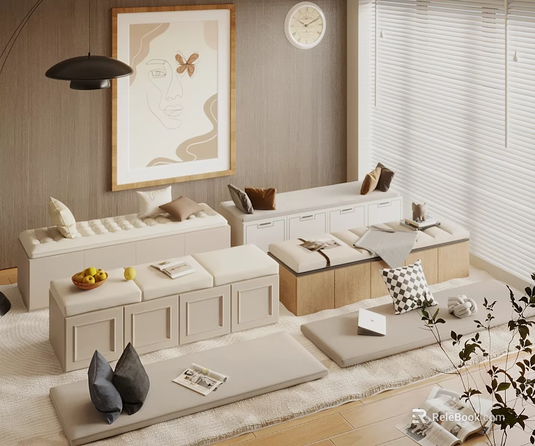 Cozy Living Interior Featuring Multi functional Storage Benches Cushions Artwork And Pendant Light 3d model