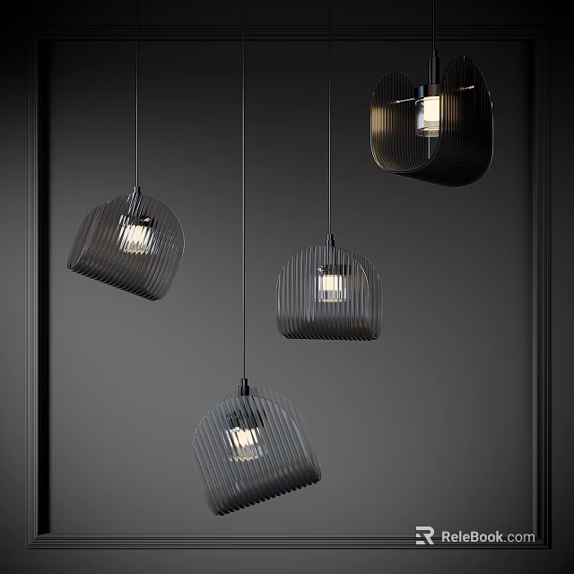 Modern Black Grid Pendant Lights With Warm Glow Hanging In Interior Space 3d model 