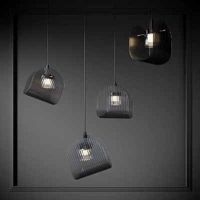 Modern Black Grid Pendant Lights With Warm Glow Hanging In Interior Space 3d model