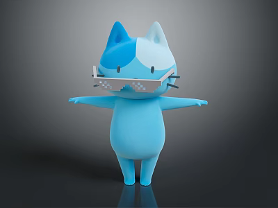 Blue And White Cartoon Cat Character With Pixelated Glasses And Arms Outstretched 3d model