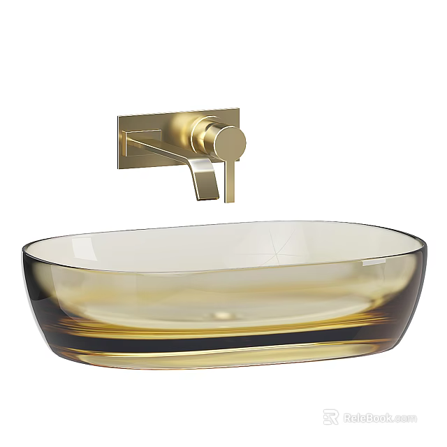 Elegant Oval Amber Glass Washbasin With Wall Mounted Gold Faucet 3d model 