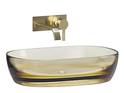 Elegant Oval Amber Glass Washbasin With Wall Mounted Gold Faucet 3d model