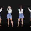 Woman in white top blue denim skirt holding phone from different angles on black background