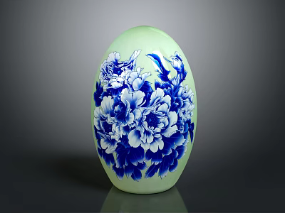 Greenish Vase With Blue And White Peony Flower Patterns On Black Background 3d model
