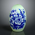 Greenish Vase With Blue And White Peony Flower Patterns On Black Background