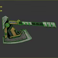 Futuristic Tech Inspired Axe With Metallic Geometric Design Yellow Blue Glowing Accents