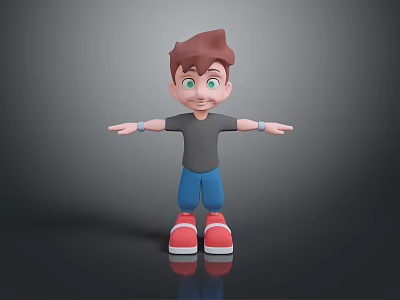 3D Child With Brown Hair Green Eyes Gray T-Shirt Blue Shorts Red Shoes Arms Outstretched 3d model