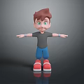 3D Child With Brown Hair Green Eyes Gray T-Shirt Blue Shorts Red Shoes Arms Outstretched