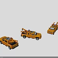 Three Yellow Utility Vehicles With Tow Equipment Crane Arms And Different Designs