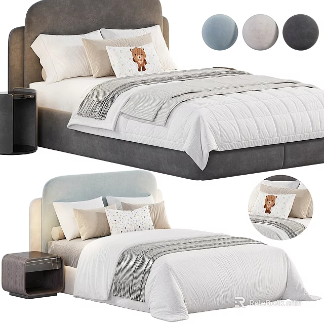 Stylish Single Bed With Upholstered Headboard And Pillows 3d model