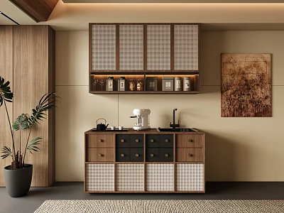 Modern Minimalist Interior Design With Wooden Storage Cabinets Potted Plant And Wall Artwork 3d model