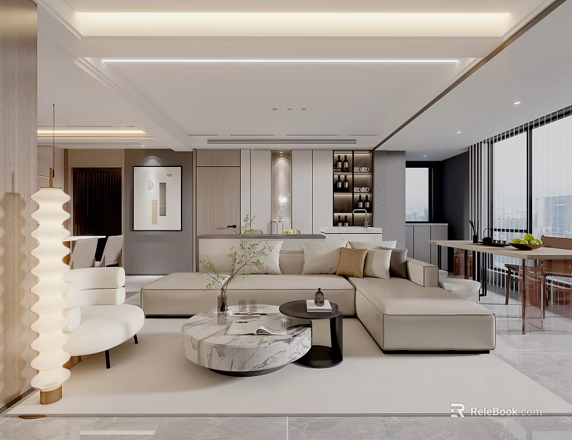 Modern Living Dining Room Interior With Beige L-shaped Sofa Marble Coffee Table And Floor Lamp 3d model 