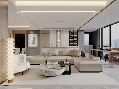Modern Living Dining Room Interior With Beige L-shaped Sofa Marble Coffee Table And Floor Lamp 3d model