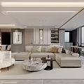 Modern Living Dining Room Interior With Beige L-shaped Sofa Marble Coffee Table And Floor Lamp