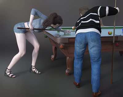 Two People Playing Billiards With Cue Sticks On Billiard Table 3d model