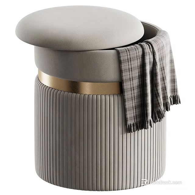 Gray Vertical Striped Shoe Bench With Padded Seat Gold Accent Band And Plaid Blanket 3d model 