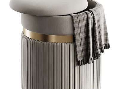 Gray Vertical Striped Shoe Bench With Padded Seat Gold Accent Band And Plaid Blanket 3d model