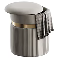 Gray Vertical Striped Shoe Bench With Padded Seat Gold Accent Band And Plaid Blanket