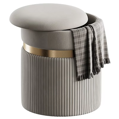 Gray Vertical Striped Shoe Bench With Padded Seat Gold Accent Band And Plaid Blanket 3d model