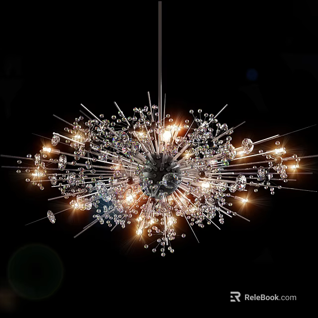 Luxurious Modern Crystal Chandelier With Starburst Metal Rods And Illuminated Lights 3d model 
