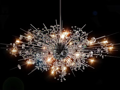 Luxurious Modern Crystal Chandelier With Starburst Metal Rods And Illuminated Lights 3d model