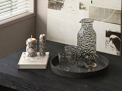 Glass Cups On Tray With Textured Glass Jug Lit Candles Stacked Books And Wall Art 3d model