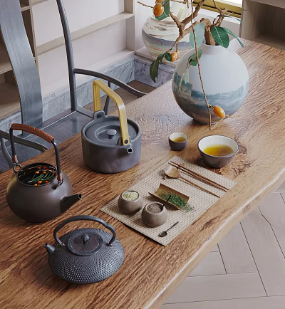 Traditional Ceramic Tea Ware Collection With Teapots Teacups Small Dishes And Utensils On Wooden Table 3d model