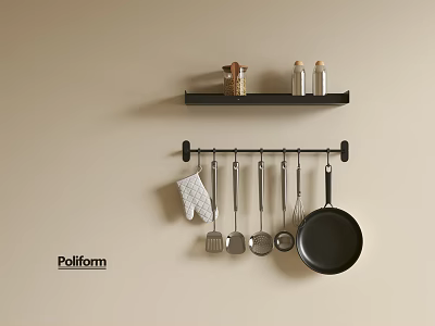 Organized Kitchen Wall With Black Hanging Rod And Cooking Utensils Frying Pan Spatula Ladle 3d model