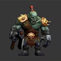 Green Skin Game Movie Character With Red Headdress Yellow Shoulder Armor Skull Decoration And Dagger
