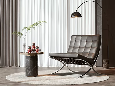 Modern Black Leather Leisure Chair with Tufted Backrest Side Table Decorative Plants and Floor Lamp 3d model