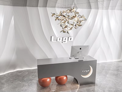 Modern Gray Reception Desk With Orange Spherical Decor Metal Bird Sculpture Logo Computer Wavy Wall 3d model