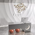 Modern Gray Reception Desk With Orange Spherical Decor Metal Bird Sculpture Logo Computer Wavy Wall