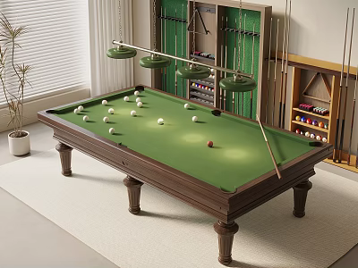Billiard Room Featuring Green Table Balls Cues Storage Cabinet And Area Rug 3d model