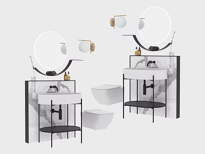 Round Bathroom Mirror With Marble Sink Black Metal Shelf And Wall Light 3d model