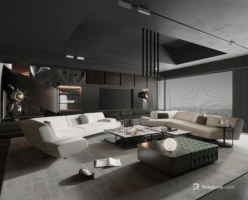 Modern Living Room Interior With White Sofas Green Ottoman Coffee Table And Black Ceiling 3d model