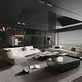 Modern Living Room Interior With White Sofas Green Ottoman Coffee Table And Black Ceiling 3d model