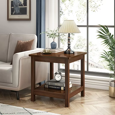 Walnut Wood Side Table With Lamp Vase Decorative Box Books Alarm Clock Next To Sofa 3d model