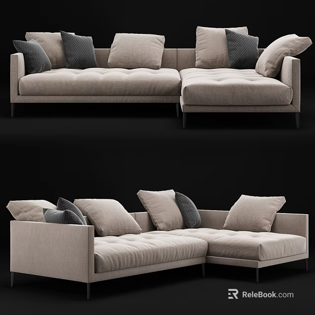 Modern Sectional Sofa with Neutral Beige Plush Cushions Multiple Pillows and Contemporary Design 3d model 
