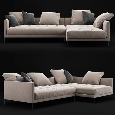 Modern Sectional Sofa with Neutral Beige Plush Cushions Multiple Pillows and Contemporary Design 3d model