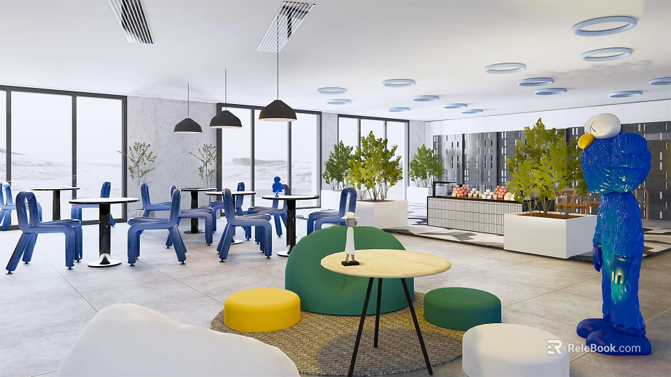 Modern Casual Lounge Area With Blue Chairs Round Tables Green Plants And Colorful Ottomans 3d model 