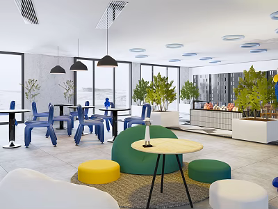 Modern Casual Lounge Area With Blue Chairs Round Tables Green Plants And Colorful Ottomans 3d model