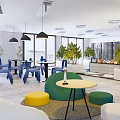 Modern Casual Lounge Area With Blue Chairs Round Tables Green Plants And Colorful Ottomans