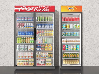 Coca Cola and Fanta Branded Beverage Refrigerators Fully Stocked with Various Drinks 3d model