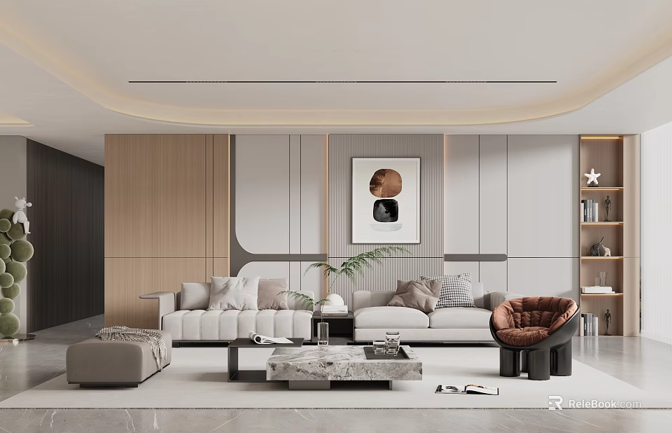 Modern Living Room Interior With White Sofa Gray Coffee Table And Decorative Painting 3d model 